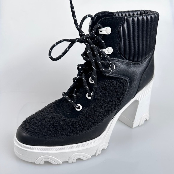 NEW SOREL Brex Leather & Faux Shearling Block Heel Lace-Up Bootie US 8.5 - Picture 2 of 15